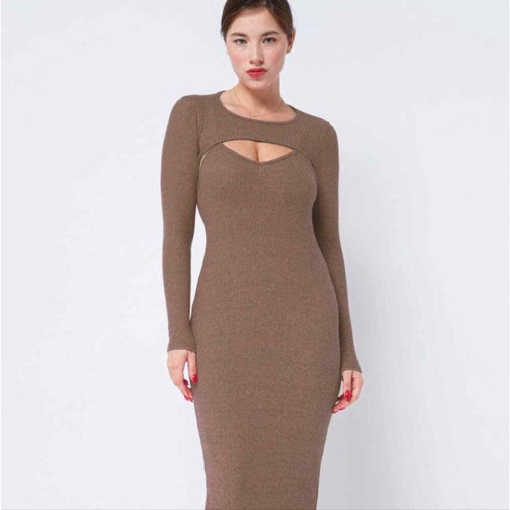 SEXY Cut out ribbed knit shrug midi dress brown AGRADE med